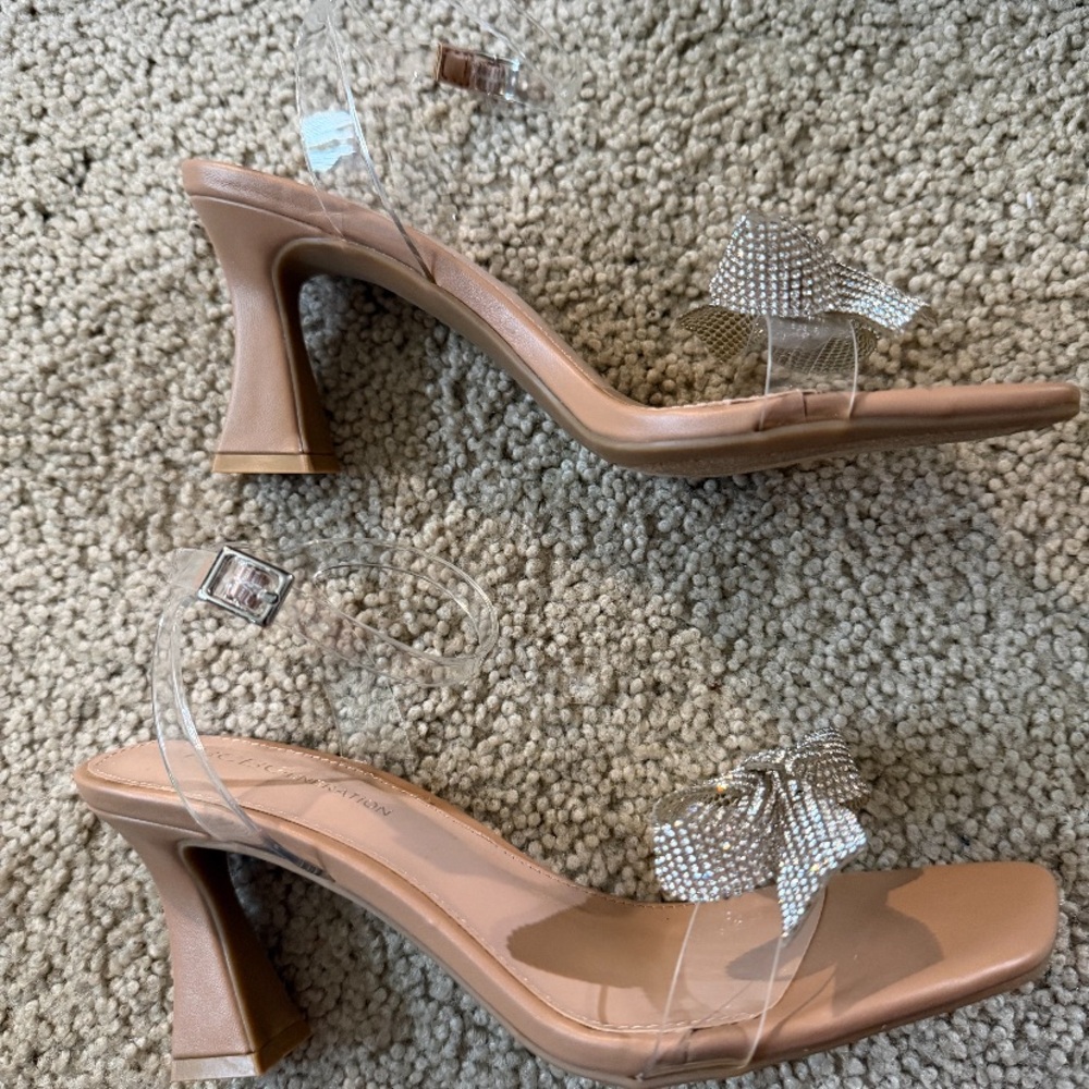 BCBGeneration Pink Nude Bow Crystal Clear-Strap Heels - Picture 2 of 3